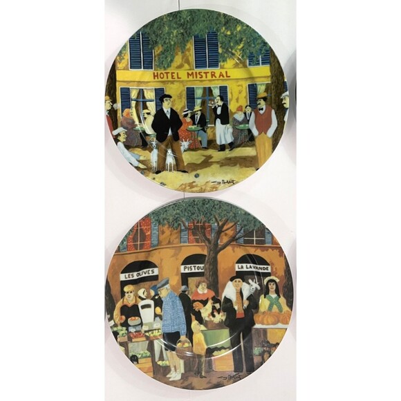 Complete Set of 6 GUY BUFFET Marche Aux Fleurs Dinner Plates French Cafe Scenes - Picture 4 of 14